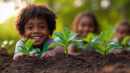 Children Planting Trees Together in a Green Natural Environment