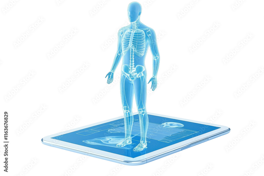 Poster a digital human figure displayed on a 3d interface, showcasing anatomical features and structure.