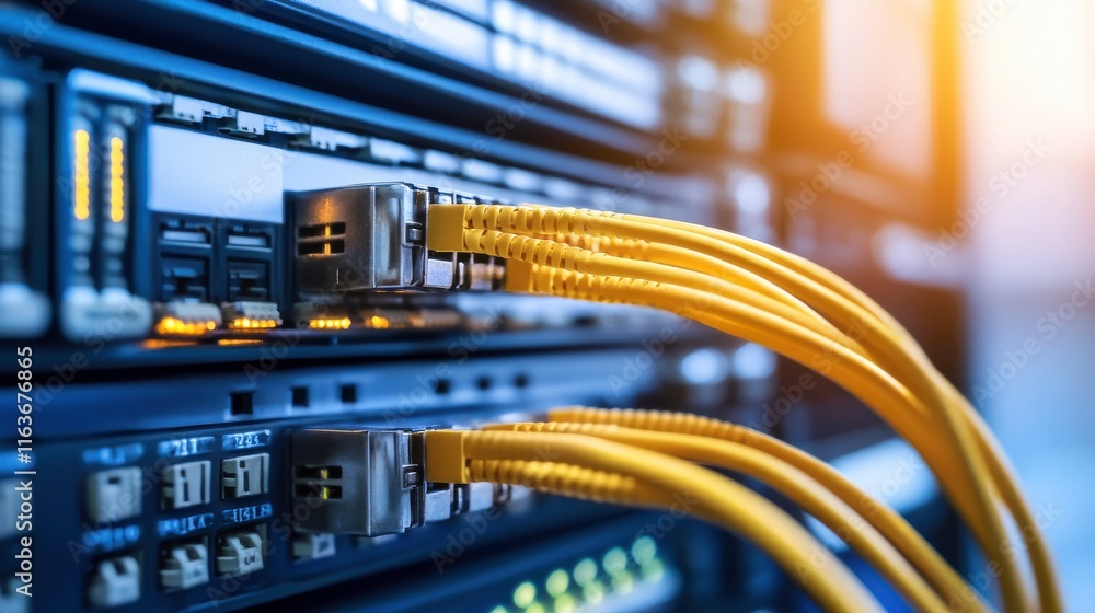 Poster glowing network connections in tech data center