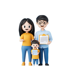 Fototapeta premium A cheerful family of three, with a mother, father, and child, all smiling and holding papers.