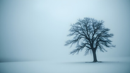 Obraz premium Minimalistic black and white photography of a lonely black tree, snow, fog, winter