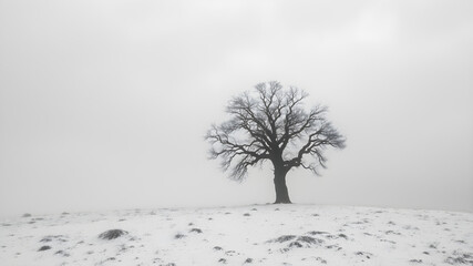 Fototapeta premium Minimalistic black and white photography of a lonely black tree, snow, fog, winter