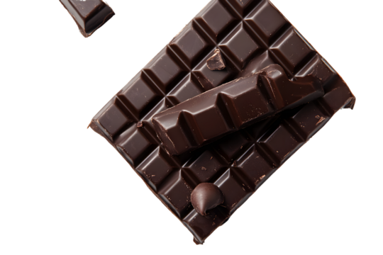 Dark Chocolate Bar Fragments Isolated On A White Background, PNG Transparent