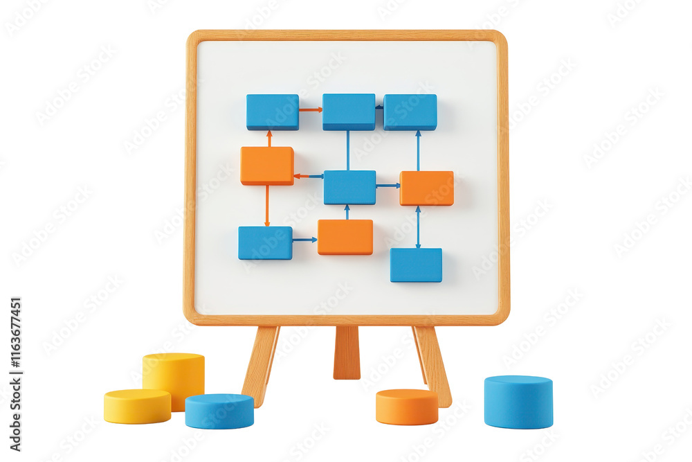 Poster a colorful flowchart displayed on an easel, featuring blue and orange boxes connected by lines, alon