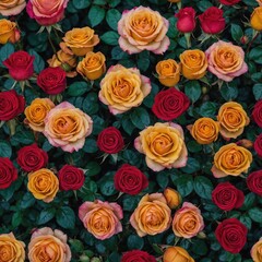Naklejka premium Vibrant roses surrounded by autumn leaves.