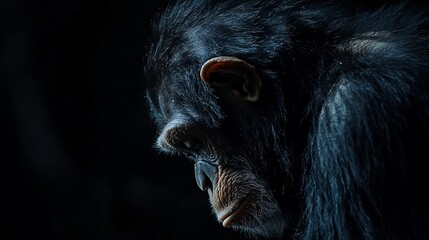 A close-up of a contemplative chimpanzee in low light.