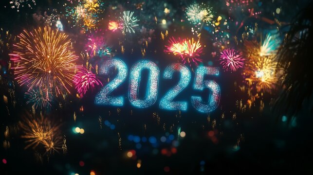 big soild text of "2025" thin shape in the night sky with colorful fireworks, new year
