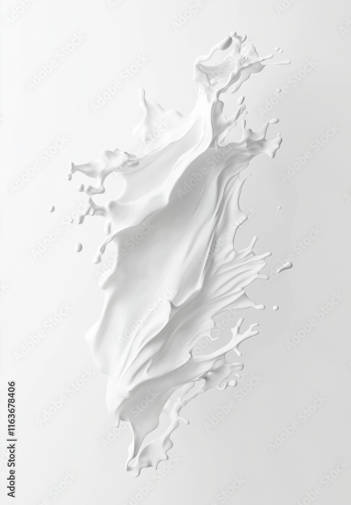 Poster 3d rendering of a milk splash on a white background with flying liquid drops and a wave-shaped desig