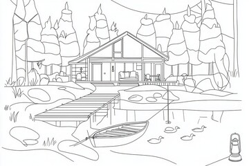Obraz premium A serene coloring book design of a lakeside cabin with a wooden dock, a rowboat tied nearby, and ducks swimming peacefully. Add trees reflecting in the calm water and tiny details like fishing 