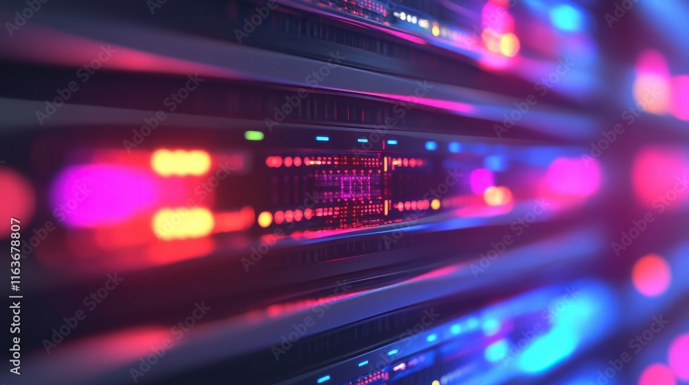 Poster illuminated server racks in a tech infrastructure room