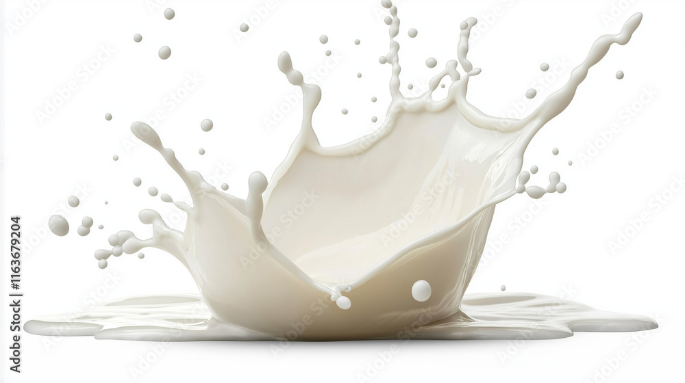 Poster 3d rendering of a milk splash on a white background with flying liquid drops and a wave-shaped desig
