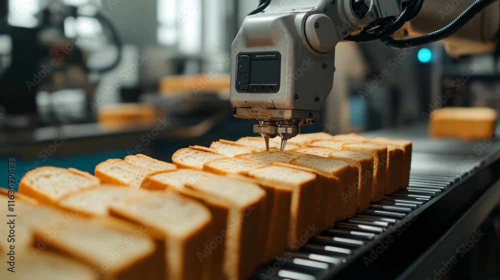 Poster Robots precisely apply toppings to slices of bread on a production line in a modern facility. This innovative process streamlines food manufacturing and ensures consistent product quality.
