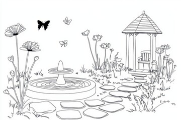 A tranquil garden coloring book page featuring a fountain surrounded by blooming flowers, butterflies fluttering around, and a stone pathway leading to a gazebo. Include intricate patterns on 
