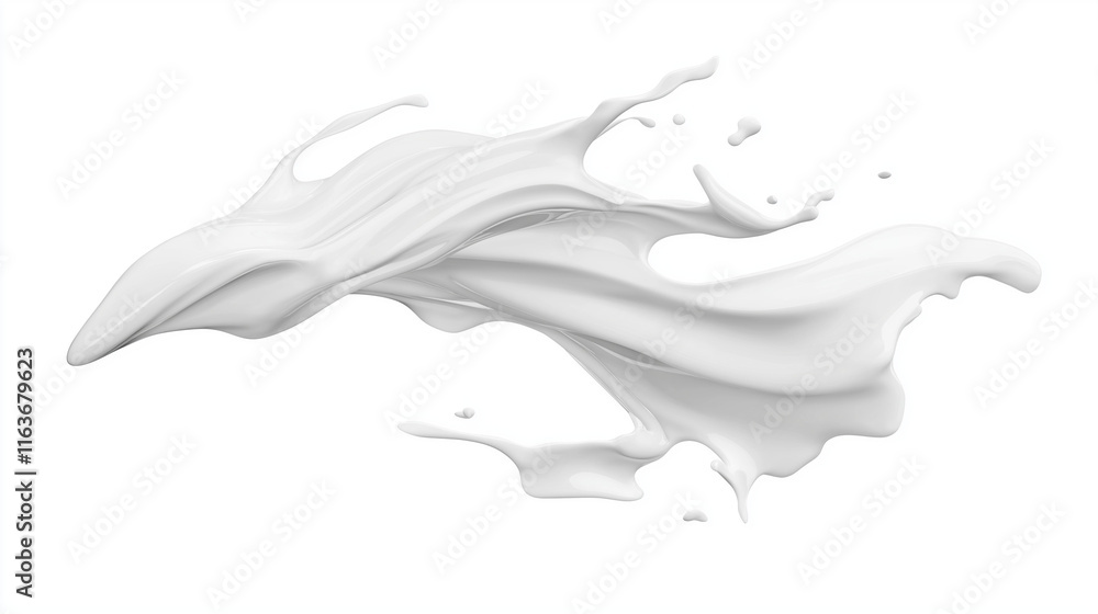 Poster 3d rendering of a milk splash on a white background with flying liquid drops and a wave-shaped desig