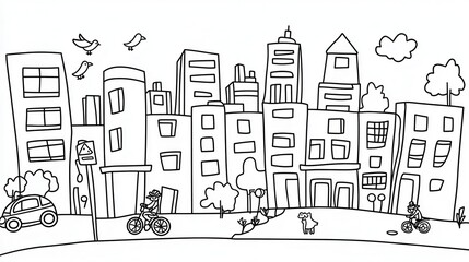 Obraz premium A vibrant coloring book illustration of a cityscape with tall buildings, cars, and bicycles on the streets. Add small details like street signs, pigeons on rooftops, and people walking dogs 