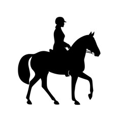 Horse Rider Silhouette in Equestrian Pose, Black and white silhouette of a female rider on a rearing horse, highlighting equestrian activity and elegance in motion.

