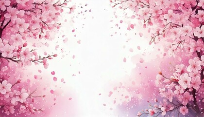 Obraz premium 淡い白色ぼかし背景に花びらが舞い散る美しい桜の花のフレーム 水彩画風イラスト
