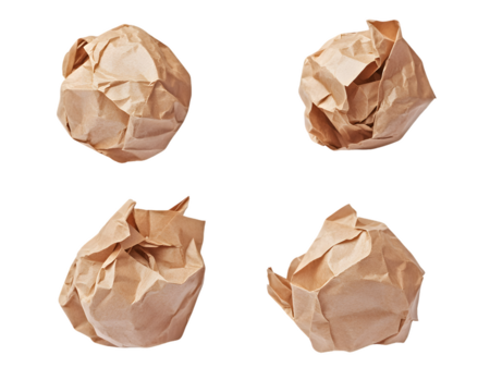 Four Crumpled Brown Paper Balls Isolated On A White Background, PNG Transparent