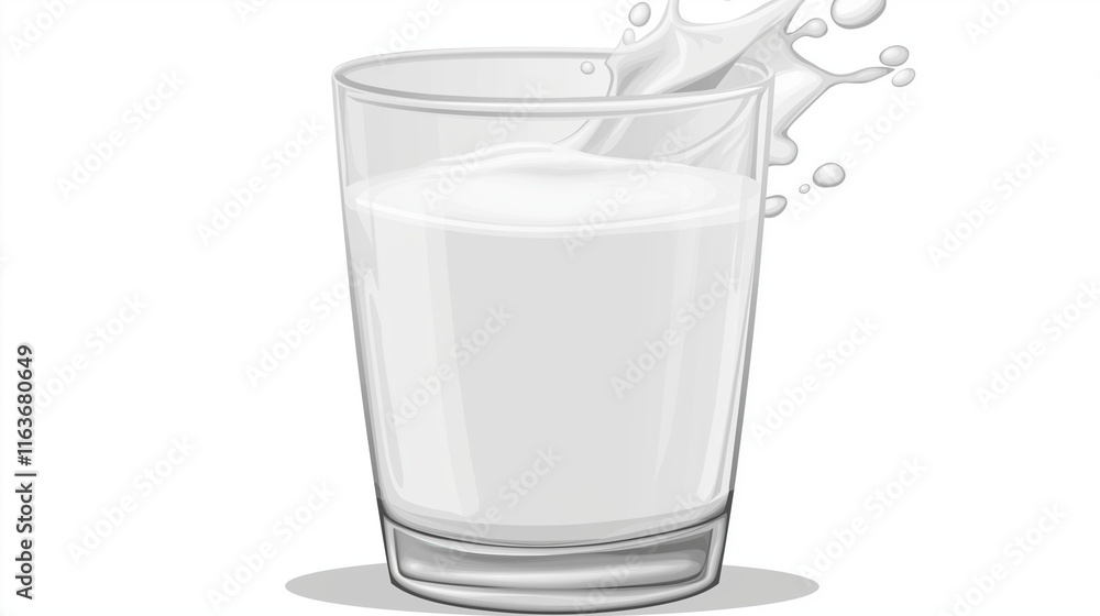Poster 3d rendering of a milk splash on a white background with flying liquid drops and a wave-shaped desig