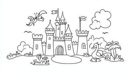 Obraz premium A whimsical castle coloring book illustration with towers reaching into the clouds, a dragon flying overhead, and a moat filled with swans. Add intricate patterns on the castle walls and a royal 