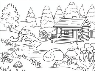 A whimsical forest coloring book scene featuring a log cabin surrounded by trees, a fox curled up by the porch, and birds perched on branches. Add mushrooms, wildflowers, and a gentle stream 