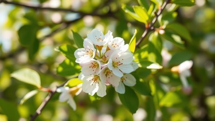 Delicate white blossoms cluster on a branch, bathed in sunlight, surrounded by vibrant green leaves