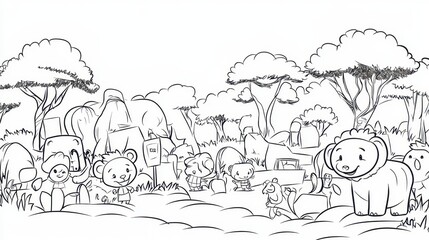 A whimsical zoo-themed coloring book page with animals in their enclosures, including lions, elephants, giraffes, and penguins. Add playful signs, zookeepers feeding animals, and children enjoying 