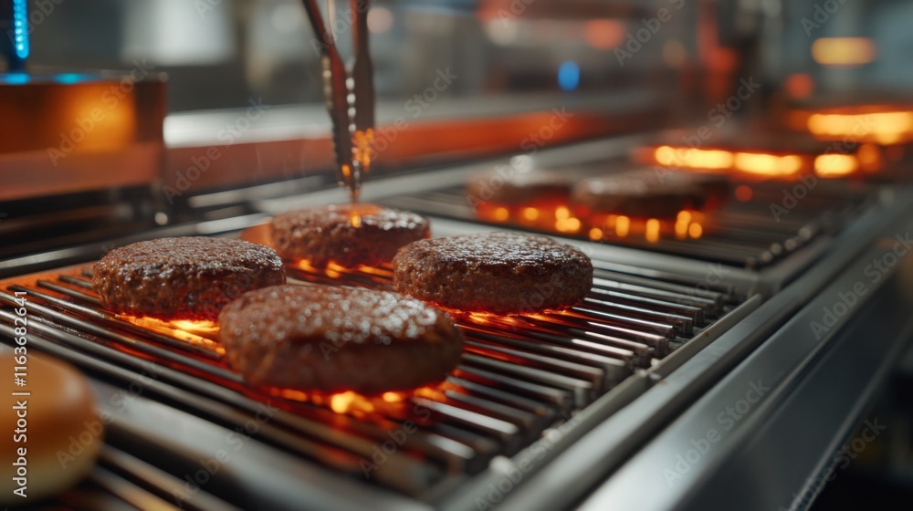 Aufkleber in a bustling kitchen, ai technology controls a food production line where burgers are grilled to pe