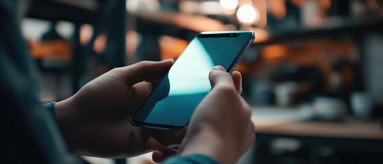 Person using smartphone in cafe.