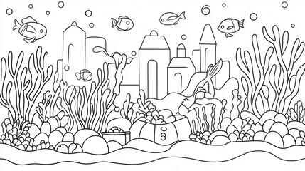 An underwater palace coloring book page with mermaids swimming around coral gardens and treasure chests. Add intricate details like seaweed, pearls, and glowing fish for a magical underwater 