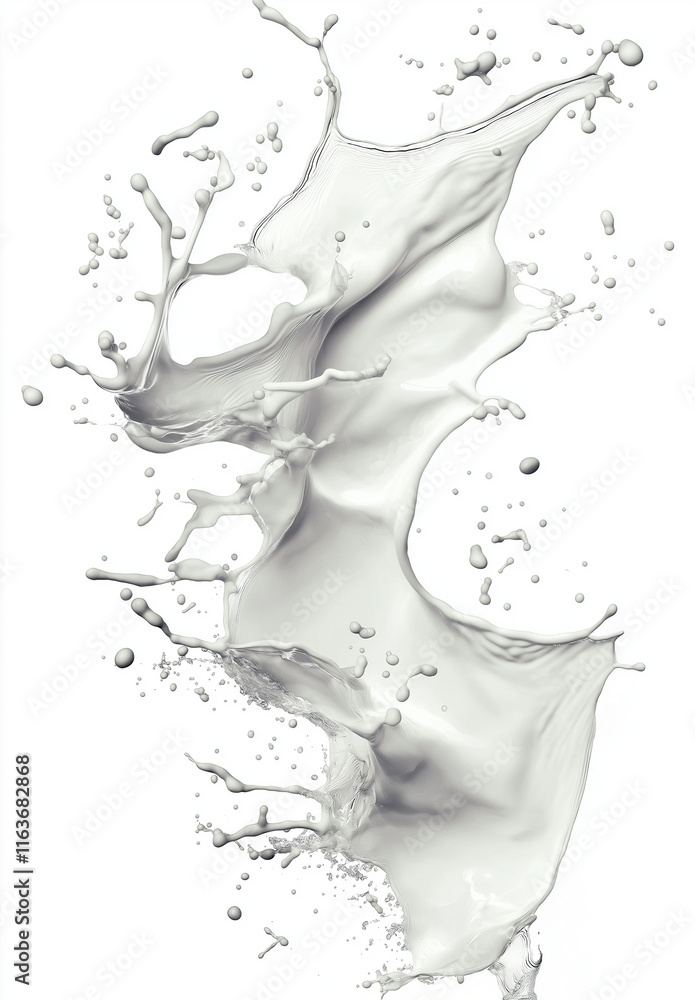 Aufkleber 3d rendering of a milk splash on a white background with flying liquid drops and a wave-shaped desig