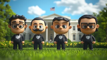 Animated Characters Visiting the White House in Cartoon Style