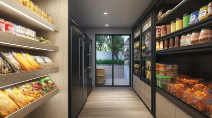 Fototapeta premium Modern, well-stocked convenience store interior with snacks, drinks, and pantry staples.