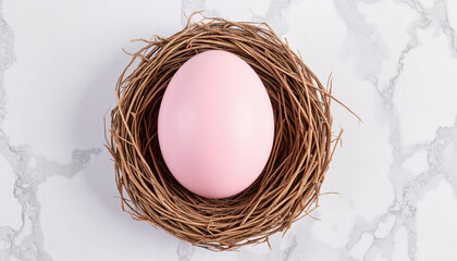 Single pink Easter egg resting in nest, symbolizing spring celebration