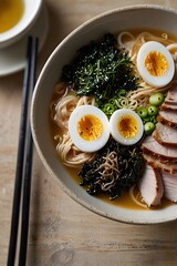 Delicious Japanese ramen with egg, pork and seaweed in a bowl on a wooden table with chopsticks and a cup of tea in the background - a perfect gourmet dish