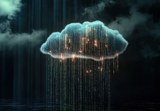 Digital cloud with binary code and rain, glowing data stream in background