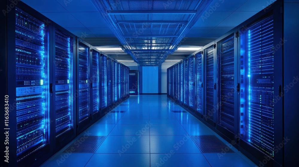 Poster modern data center with led server racks in focus