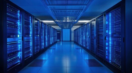 Modern Data Center with LED Server Racks in Focus