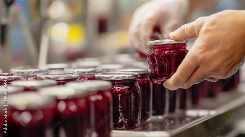 Poster Workers in a food production facility use advanced ai technology to seal jars filled with fruit preserve. The automated line enhances efficiency and consistency in food packaging and processing.