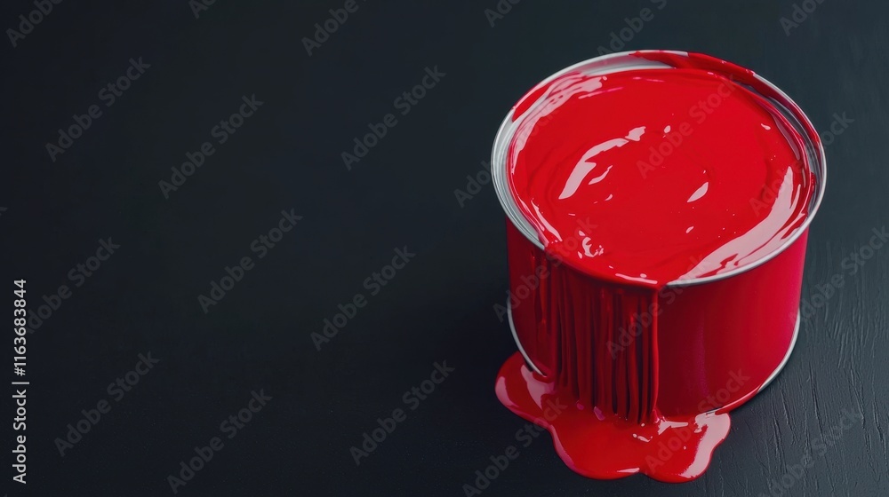 Poster closeup view of a vibrant metallic paint can spilling bright red liquid against a dark minimalist ba