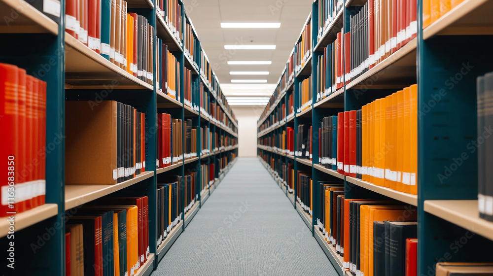 Poster empty library aisle with tall bookshelves and colorful books creating serene atmosphere