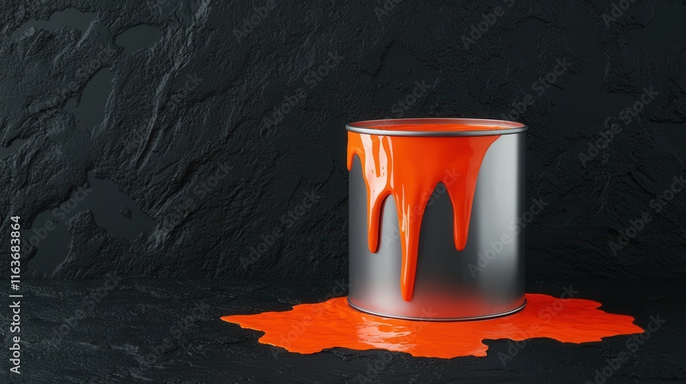 Poster dramatic image of a metallic silver paint spilling out from an open orange paint can creating a vibr