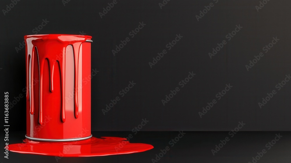 Poster dramatic image of a red metallic paint can spilling its contents onto a dark background creating a d