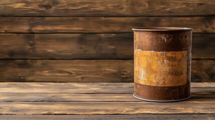 Naklejka premium Closeup of a Vintage Style Weathered and Distressed Metal Paint Can with Faded and Peeling Labels Resting on a Rustic Wooden Background The Can Displays a Unique Aged and Grungy Aesthetic
