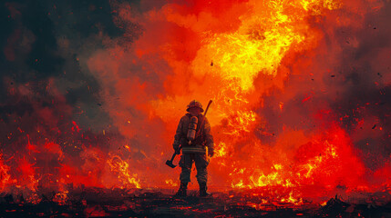 Brave Firefighter with Axe Facing Massive Explosion at Night, Digital Art Illustration, Heroic Firefighting Scene, Dramatic Flames, Dangerous Rescue, Emergency in Action, Courage Under Fire