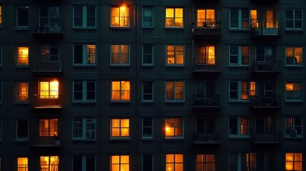 A wide shot of an apartment building at night, with all the lights in each window glowing yellow and orange.