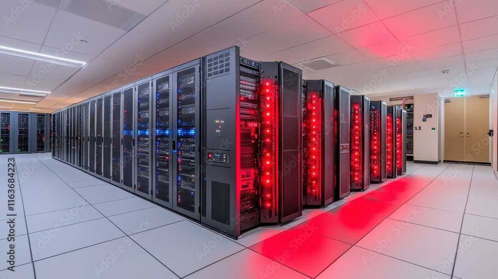 Poster modern server center with led indicators in low light