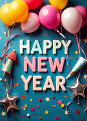 Happy New Year surrounded by colorful party decorations and balloons