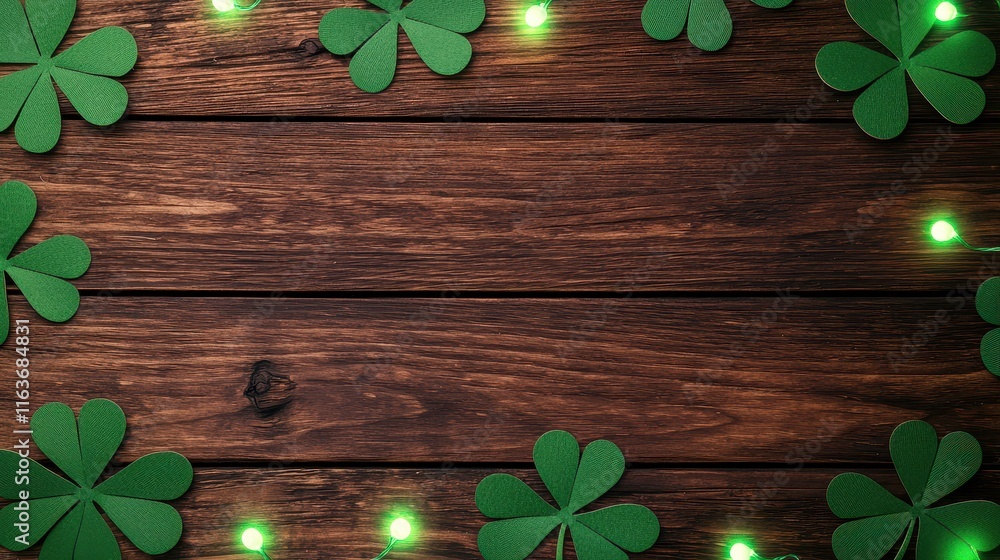 Poster st. patrick's day background concept, rustic wooden backdrop adorned with clover patterns and green 