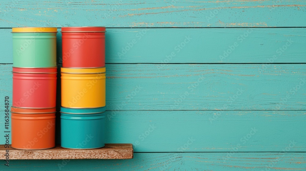 Poster Stacked vibrant paint cans with colorful labels and patterns are arranged on a wooden background creating a visually appealing and creative composition for art design or DIY project concepts